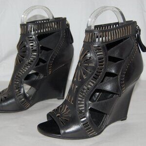 40/10❤️Sergio Rossi Black Leather High Wedge Heels Gladiator Sandals BOOTS ITALY